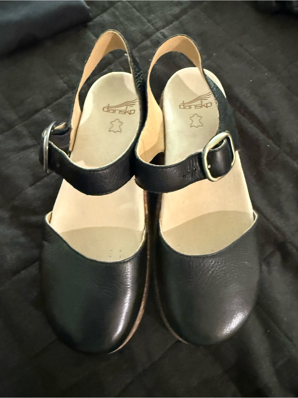 Dansko Black Leather Mary Jane Cork-Style Sandals with Buckle